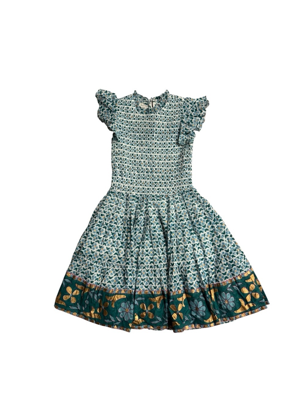 Oliphant Smocked Floral Ruffle-Sleeve Mini Dress Teal Small - Picture 2 of 11